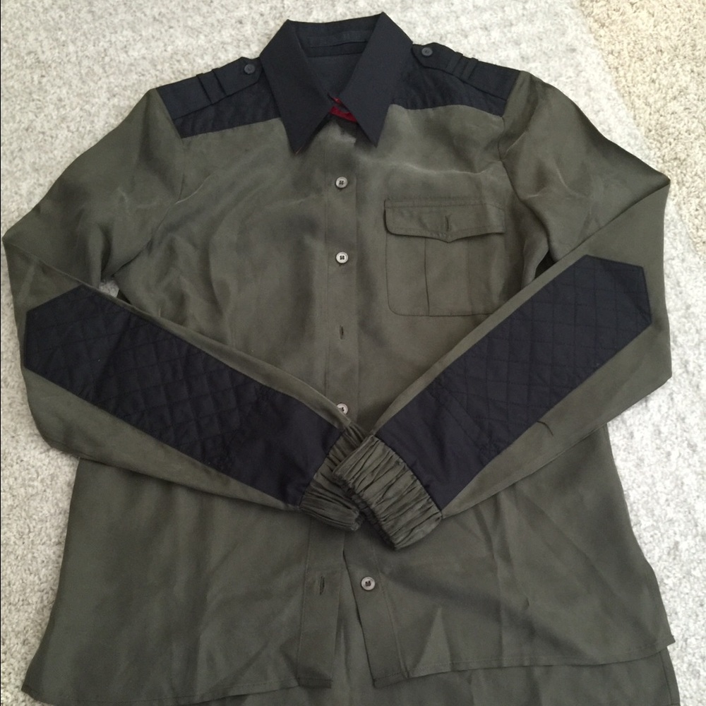 L.A.M.B. Military Quilted Silk Button Up Top Sz 2
